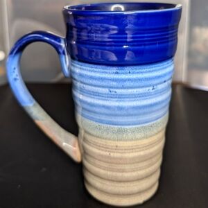 Handthrown textured‎ sapphire to sand speckle glaze stoneware 14oz tall mug